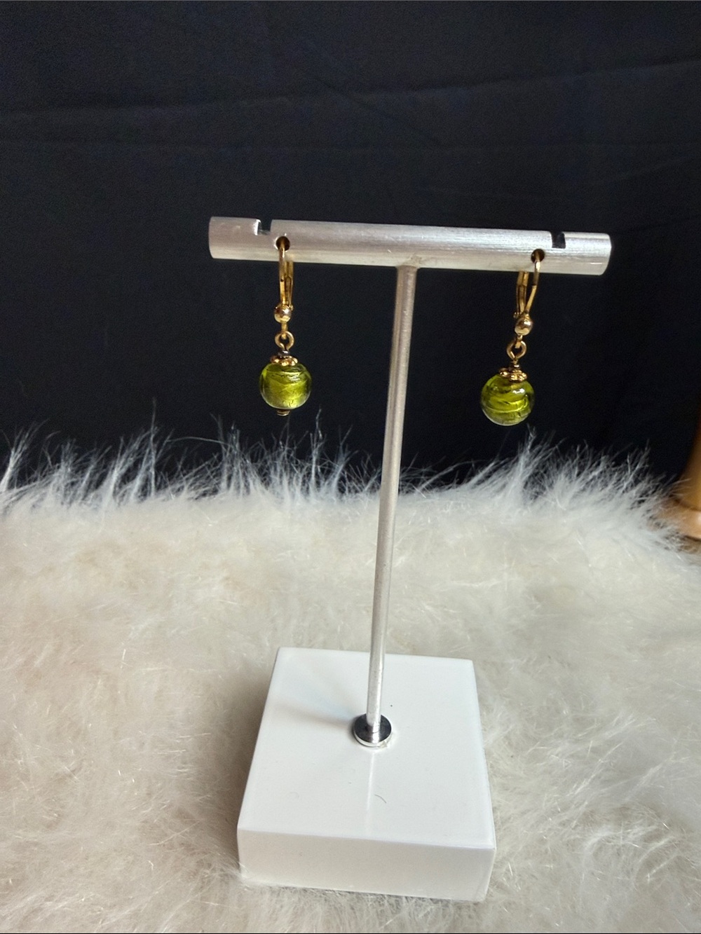 Gold Drop Earrings with Olive Green Glass Beads - Women Jewelry